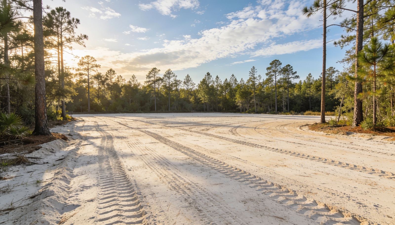 Cleared and raked residential lot bordered by pines in Silver Springs Shores, Florida