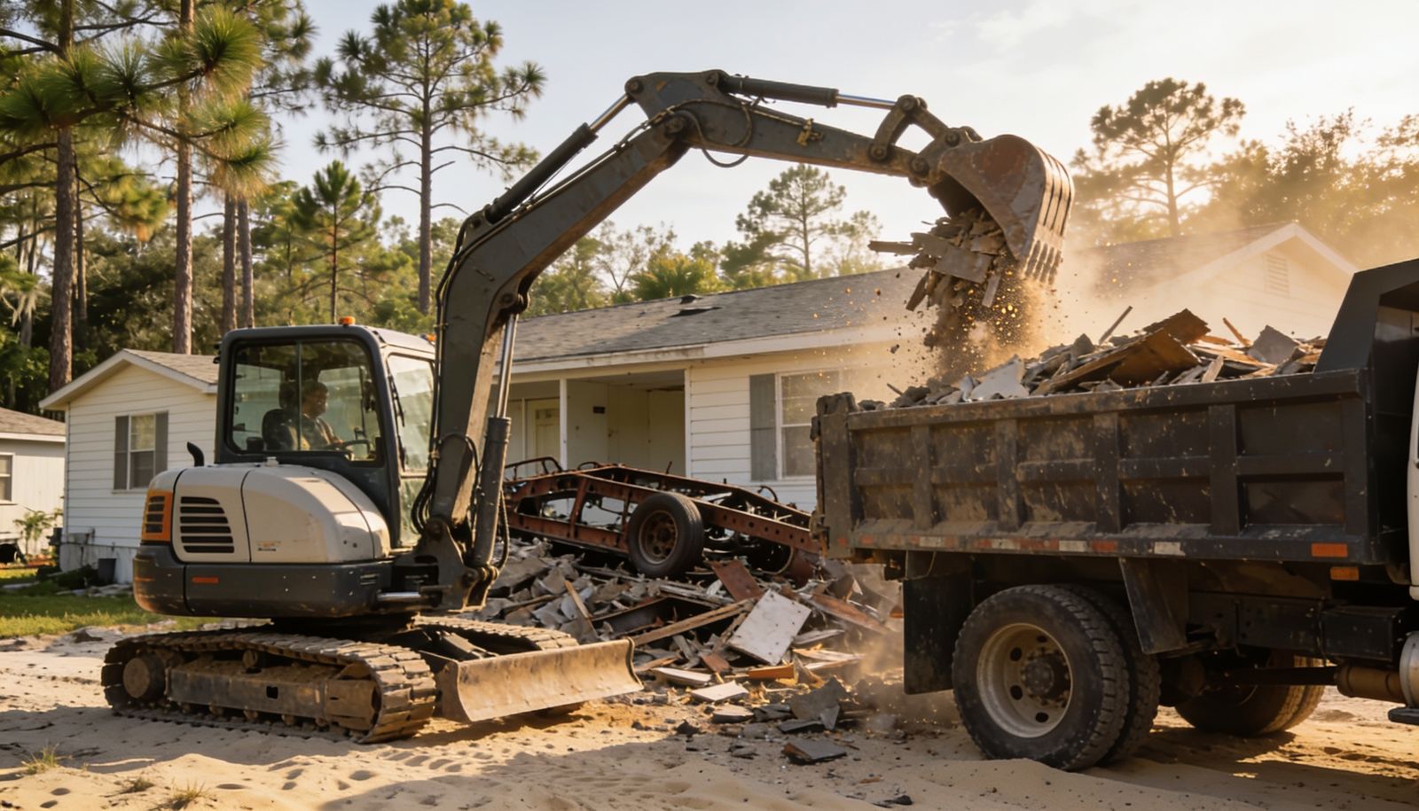 Compact excavator loading mobile home demolition debris into a dump truck on a Marion County lot