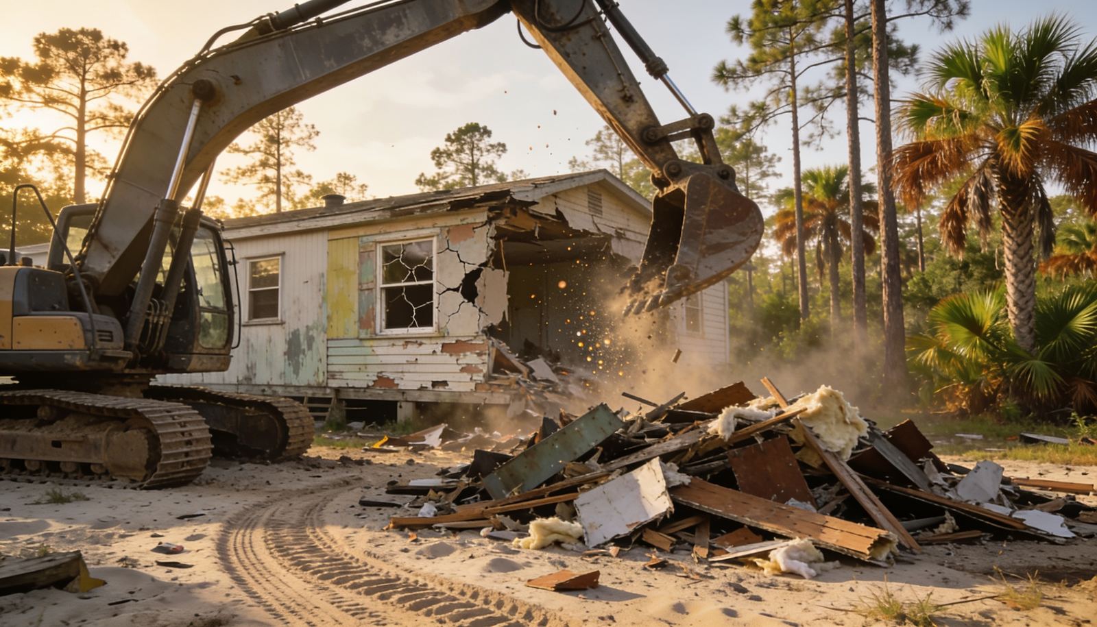 Excavator demolishing an old singlewide mobile home on a sandy lot in Ocala, Florida